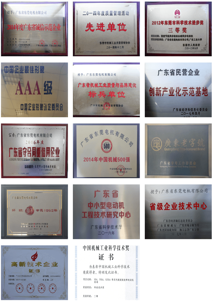 东莞电机荣誉证书